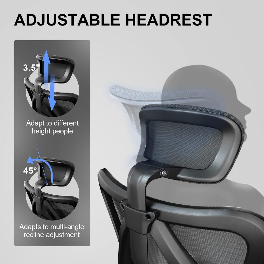SIHOO M18 Chaise de bureau ergonomique à dossier haut en mesh respirant, avec appui-tête et soutien lombaire réglables, roulettes améliorées, noir
