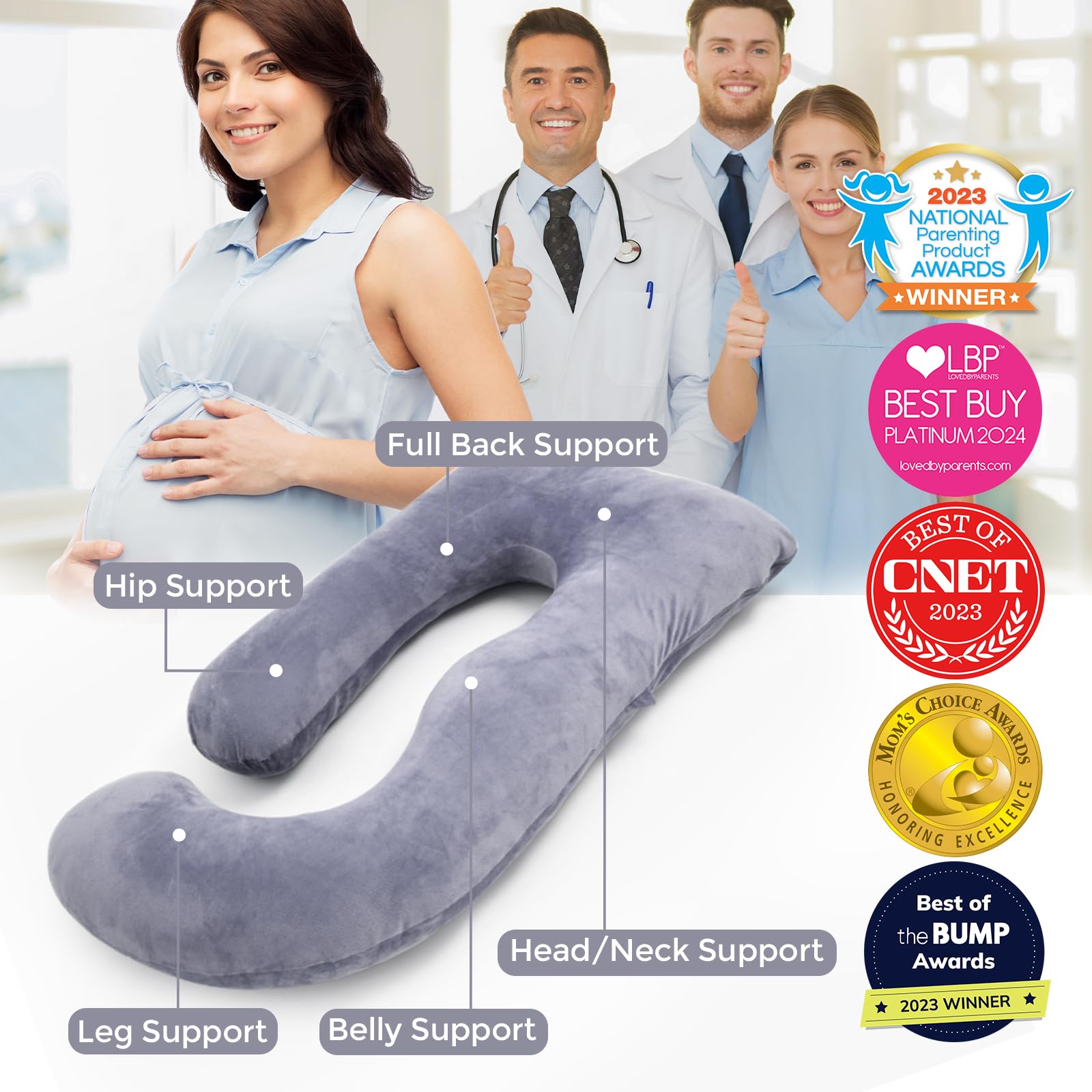 Momcozy Coussin de grossesse double face en forme de U en velours cristal (gris)