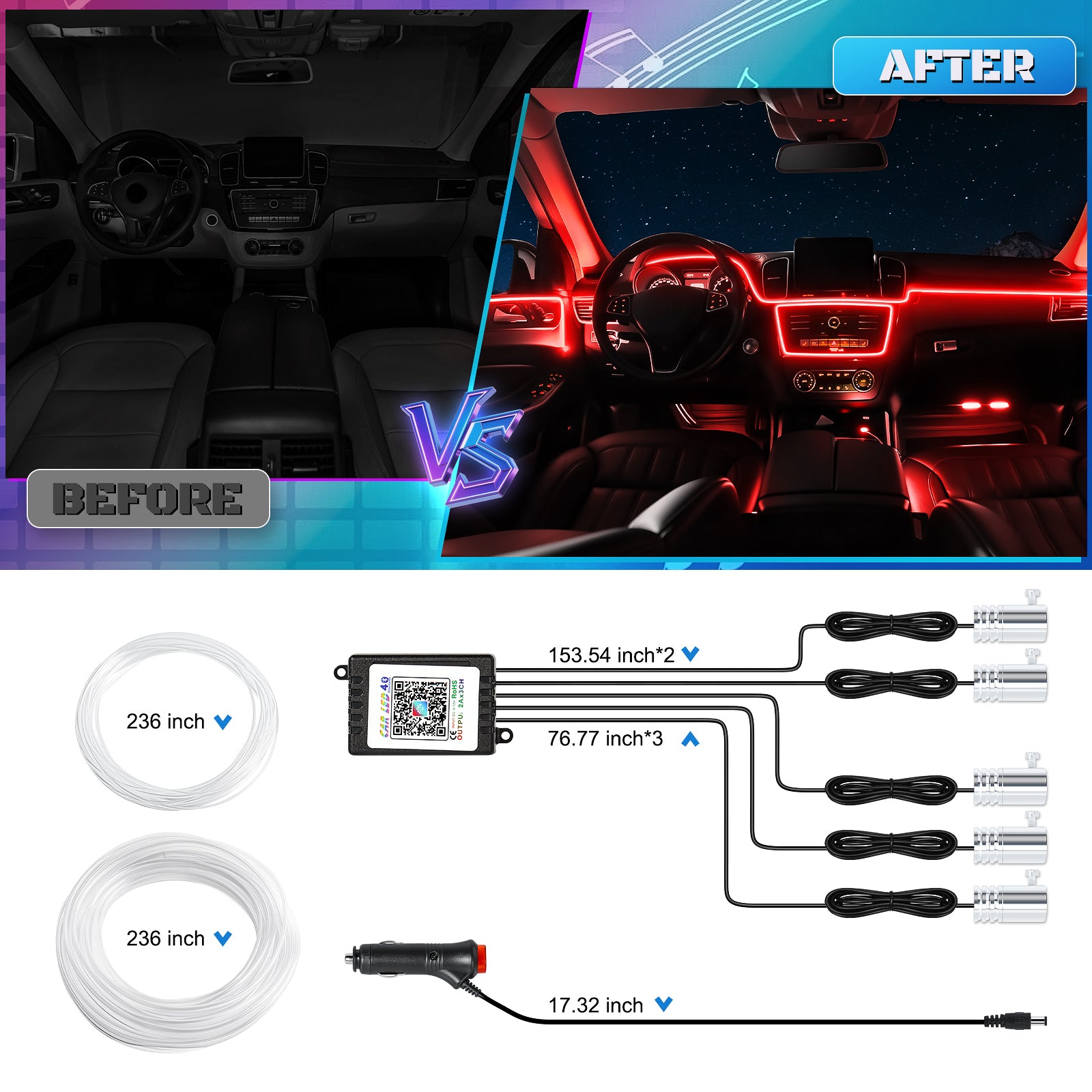 Bande lumineuse LED d’intérieur de voiture en acrylique, prise en charge du contrôle sans fil via application, RGB couleurs féeriques cinq-en-un