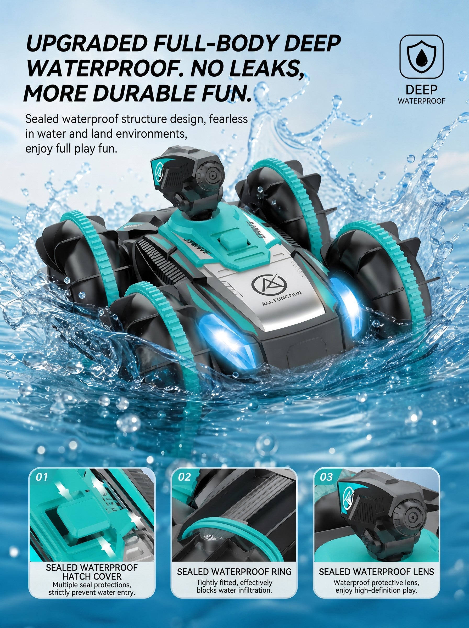 Tank RC amphibie à double commande gestuelle, voiture de cascade étanche sur terre et sur l'eau, jouet LED à tirer de l'eau et rotation à 360° pour enfants 8+, un seul modèle en vert