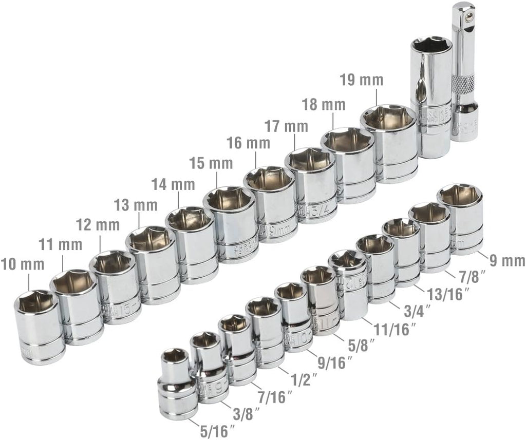 WORKPRO Jeu de douilles 24 pièces avec clé à cliquet 3/8", 11 douilles métriques et 10 douilles SAE, barre d'extension, jeu de clés à cliquet pour bougies d'allumage, clés mixtes