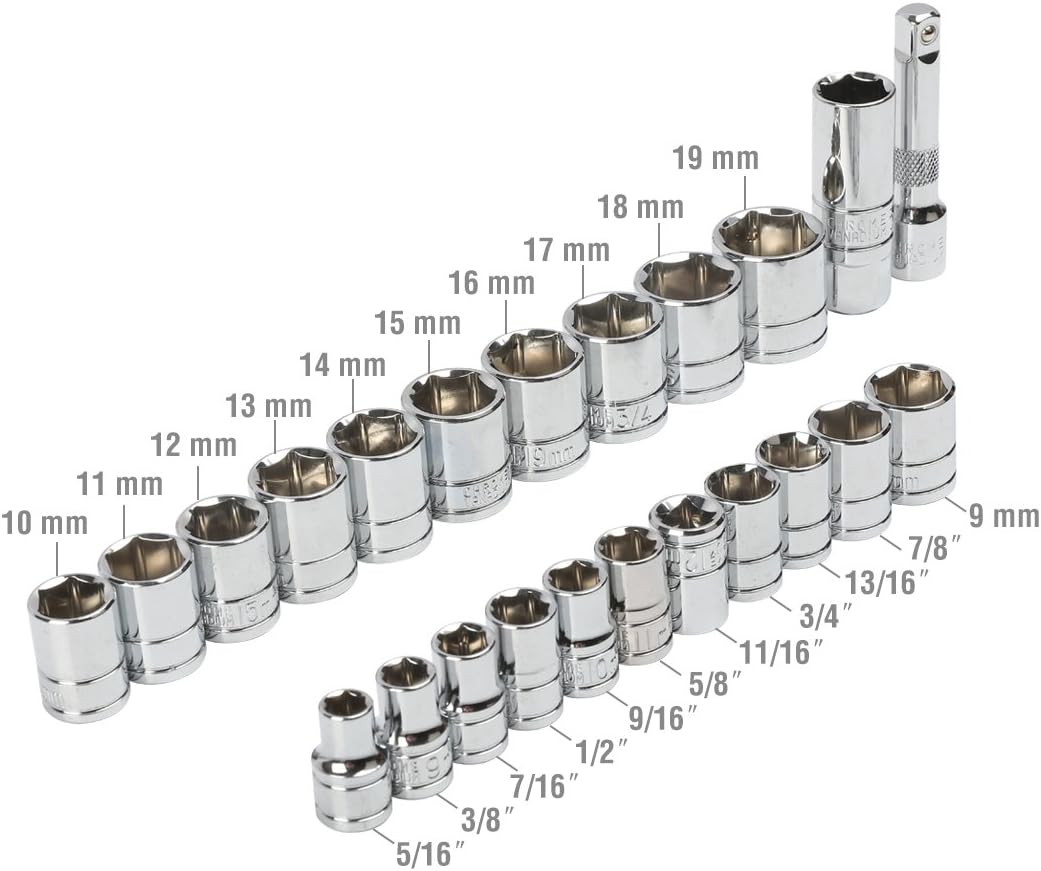 WORKPRO Jeu de douilles 24 pièces avec clé à cliquet 3/8", 11 douilles métriques et 10 douilles SAE, barre d'extension, jeu de clés à cliquet pour bougies d'allumage, clés mixtes