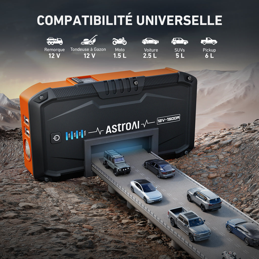 AstroAI S8 Batterie de démarrage pour voiture, booster de démarrage portable 12 V pour moteurs essence jusqu’à 6,0 L et diesel jusqu’à 3,0 L, lampe torche à 3 modes et câble de démarrage