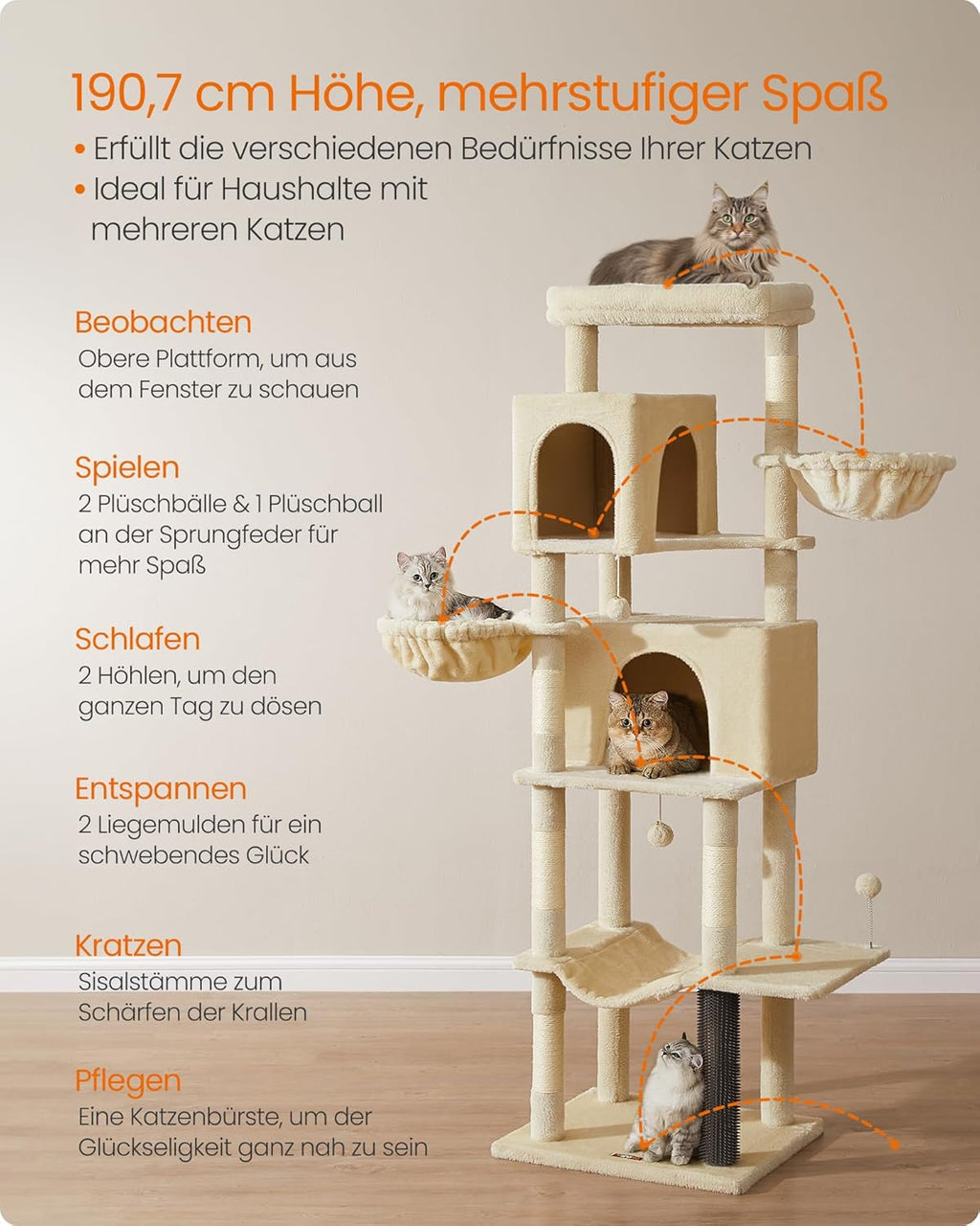 Feandrea Griffoir pour chat grand 75" de haut XXL arbre à chat multi-niveaux avec 2 niches, 2 paniers, 5 colonnes à griffer, brosse pour chat, grande plateforme, sable beige