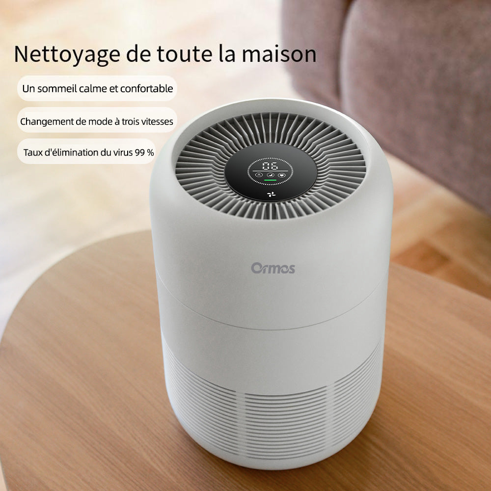 Ormos Purificateur d’air, CADR 150m³/h, Filtre HEPA H12 et charbon actif, capteur TVOC et PM2.5, pour chambre et salon