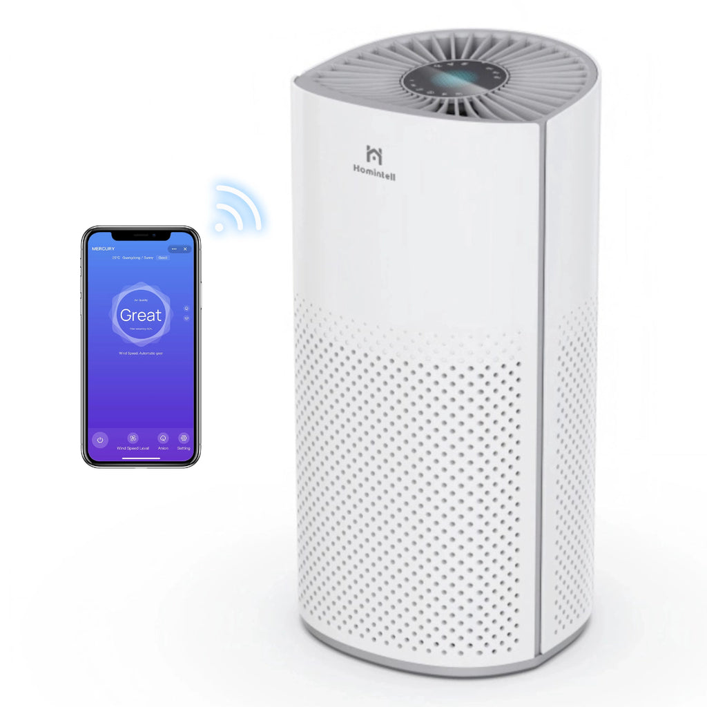 Homintell Purificateur d’air intelligent - CADR 200 m³/h, contrôle Wi-Fi, filtre HEPA H13 et à charbon actif, stérilisation UV et ioniseur, silencieux 30 dB, idéal pour pièces de 25 m²