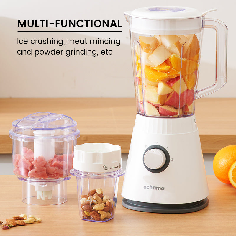 ochama Blender Multifonction 600W, 1,5L Mixeur Électrique Compact pour la Maison, 3 Vitesses, Smoothie, Glace Pilée, Hachoir à Viande, Moulin à Épices, Nourriture Bébé, Jus, Facile à Nettoyer