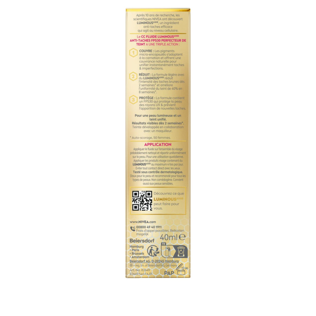 NIVEA Luminous630 Visage CC Fluide Anti‑Taches 3‑en‑1 FPS30 Teinte Claire 40 ml
