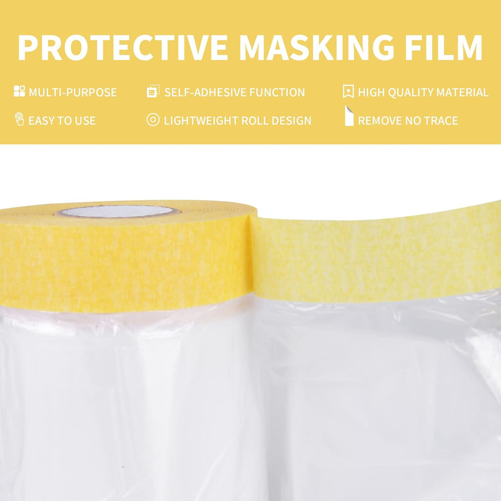 TAPEBEAR Film de masquage avec ruban intégré, Ruban et bâche, Rouleau de bâche plastique pour peinture automobile, appareils électroménagers et meubles, 9 pi x 90 pi, 2600 mm x 27 m, 3 rouleaux