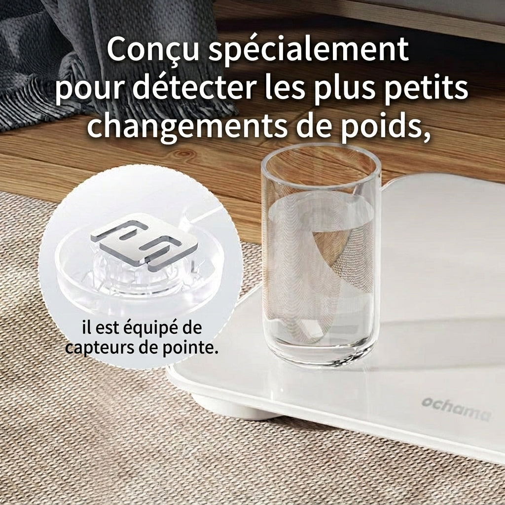 Ochama Pèse-personne numérique intelligent - Haute précision, Verre trempé, Écran LED à contraste élevé, 2 piles AAA incluses, 260 x 260 x 24 mm, 5-180 kg