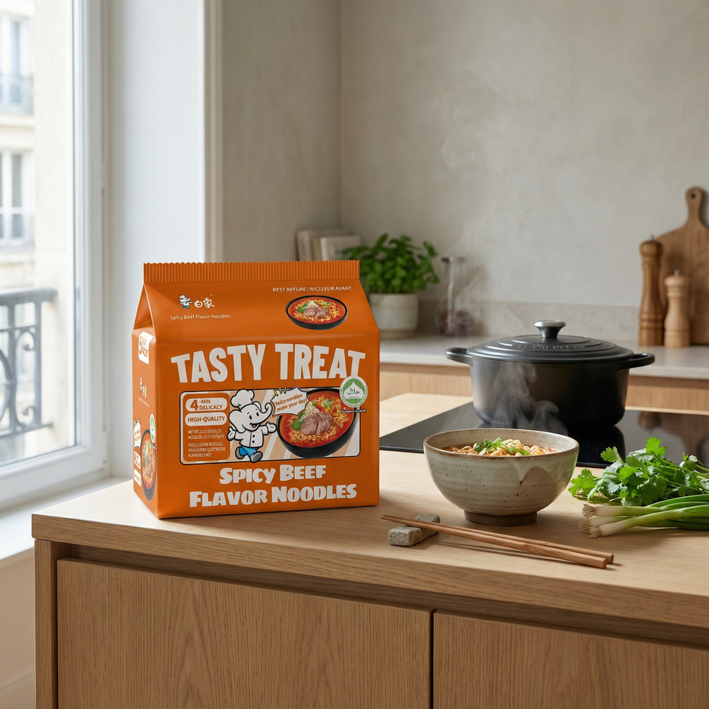 Bai Xiang Soupe de nouilles au bœuf délicieuse et épicée halal Nouilles instantanées 5*88 g (5 paquets)