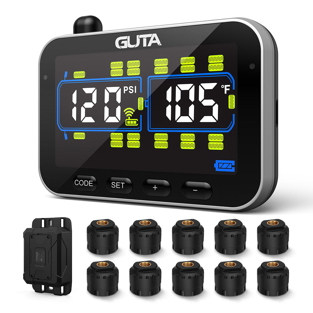 Système de surveillance de la pression des pneus pour VR/remorque GUTA avec 10 capteurs, surveillance en temps réel 0-188 PSI, 6 alarmes, écran couleur LCD, répéteur