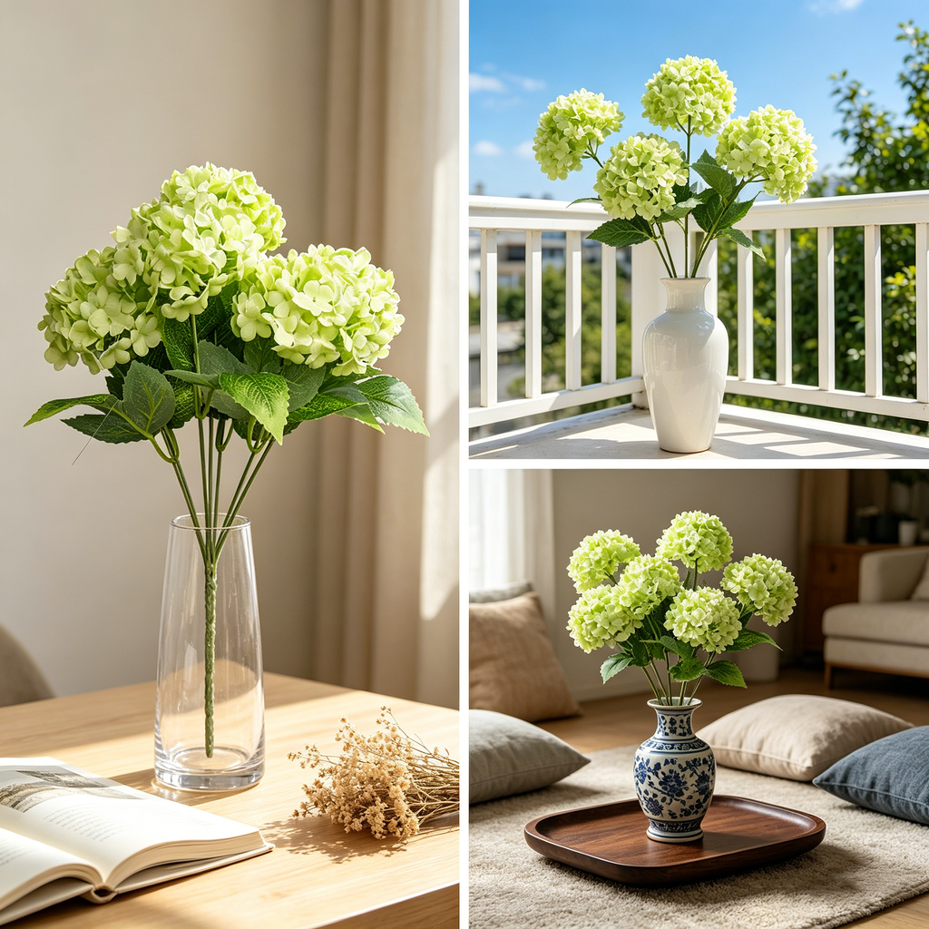 Yuejia 1 pièce fleur d’hortensia artificielle en soie à 7 têtes 13 po/33 cm pour arrangement floral salon chambre mariage, décoration florale artificielle, vert