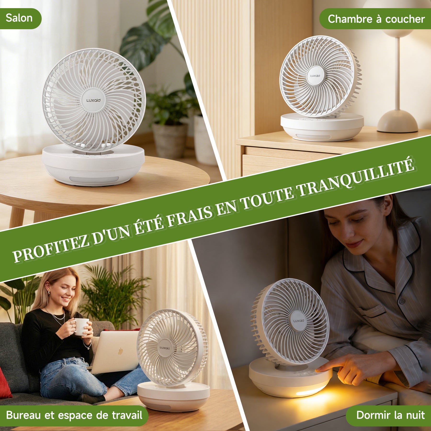 Luxaid Ventilateur de bureau pliable avec télécommande, batterie 4000 mAh, chargement USB-C, 3 vitesses, minuterie 4 h, veilleuse, montage mural, portable et compact.