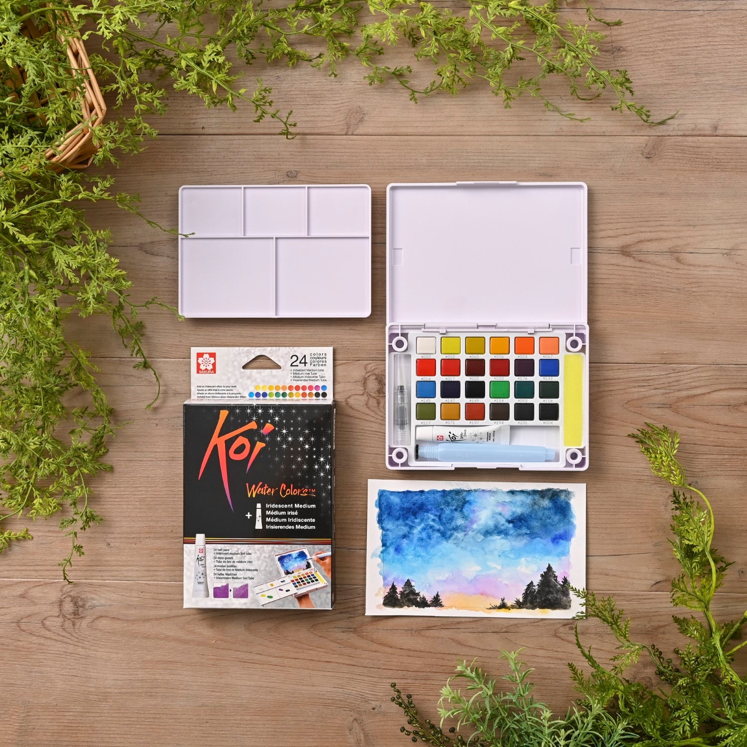 Set d'aquarelles SAKURA Koi, boîte de croquis de poche | 24 demi-godets + médium irisé