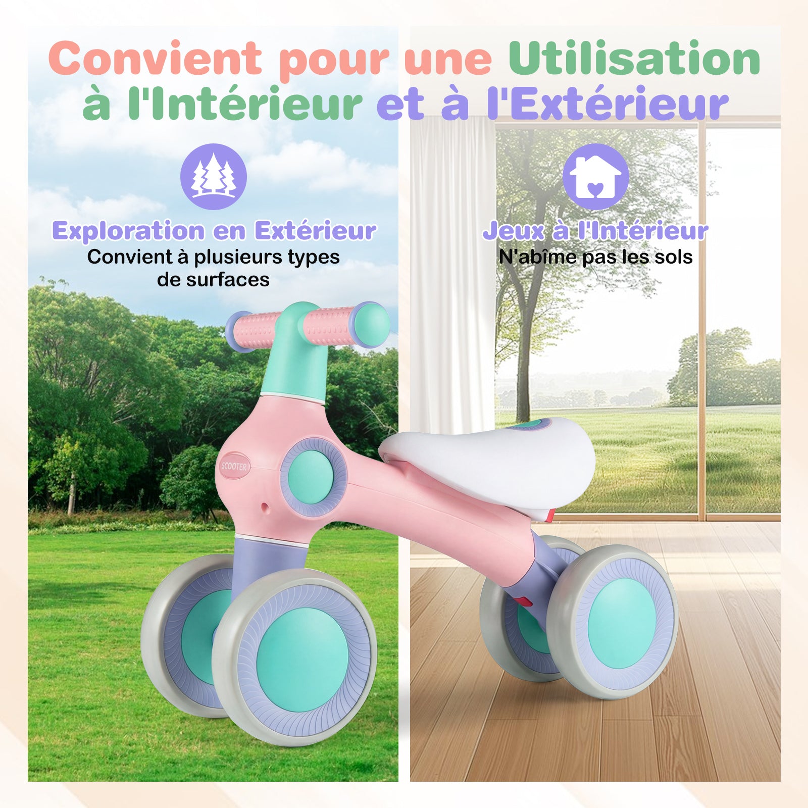 Draisienne pour bébé, siège rembourré réglable, 4 roues silencieuses, sans pédales, rose