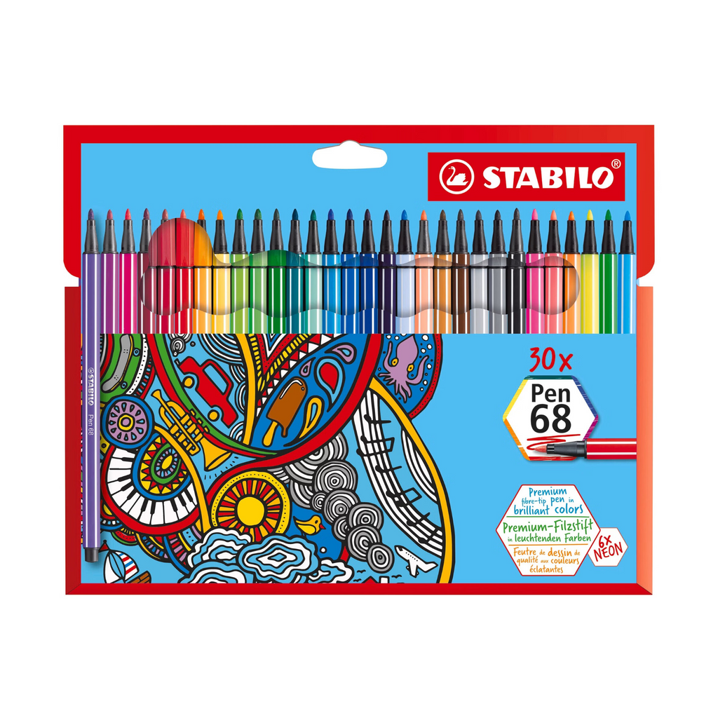 STABILO Pen 68 Feutres Premium Pointe Fibre - Lot de 30 - 30 Couleurs Assorties