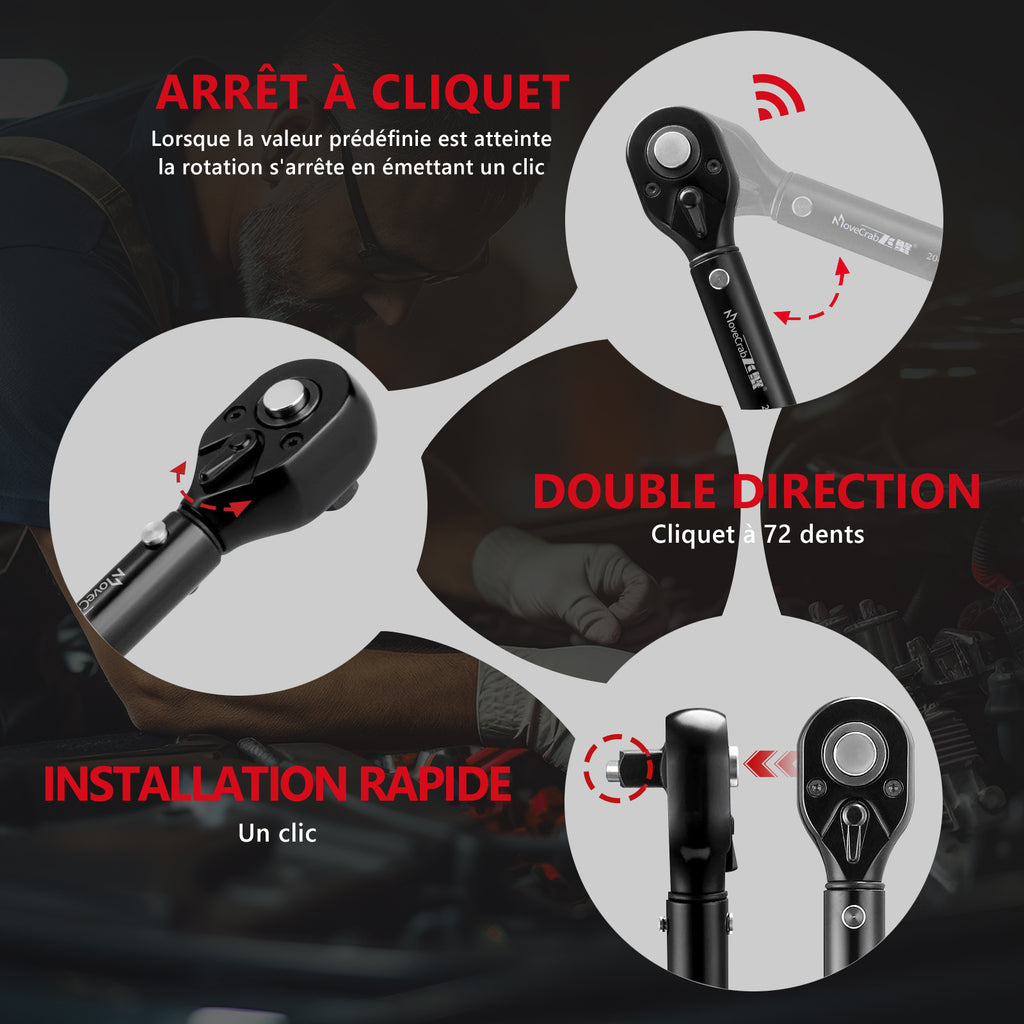 MoveCrab Set de clés dynamométriques mécaniques 9 pièces 5-220 N.m pour vélo, moto, auto et kit d'outils de réparation industrielle