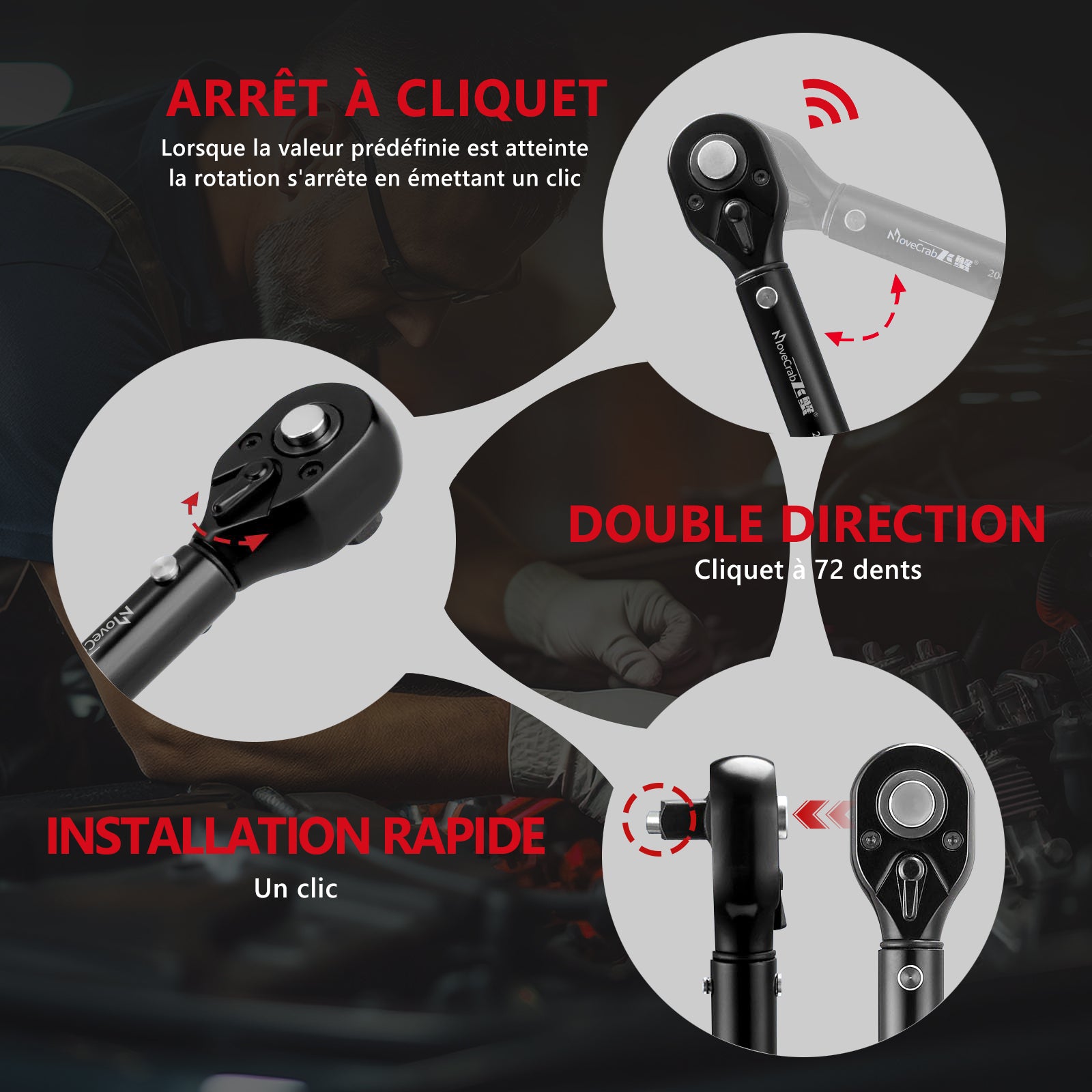 MoveCrab Set de clés dynamométriques mécaniques 9 pièces 5-220 N.m pour vélo, moto, auto et kit d'outils de réparation industrielle