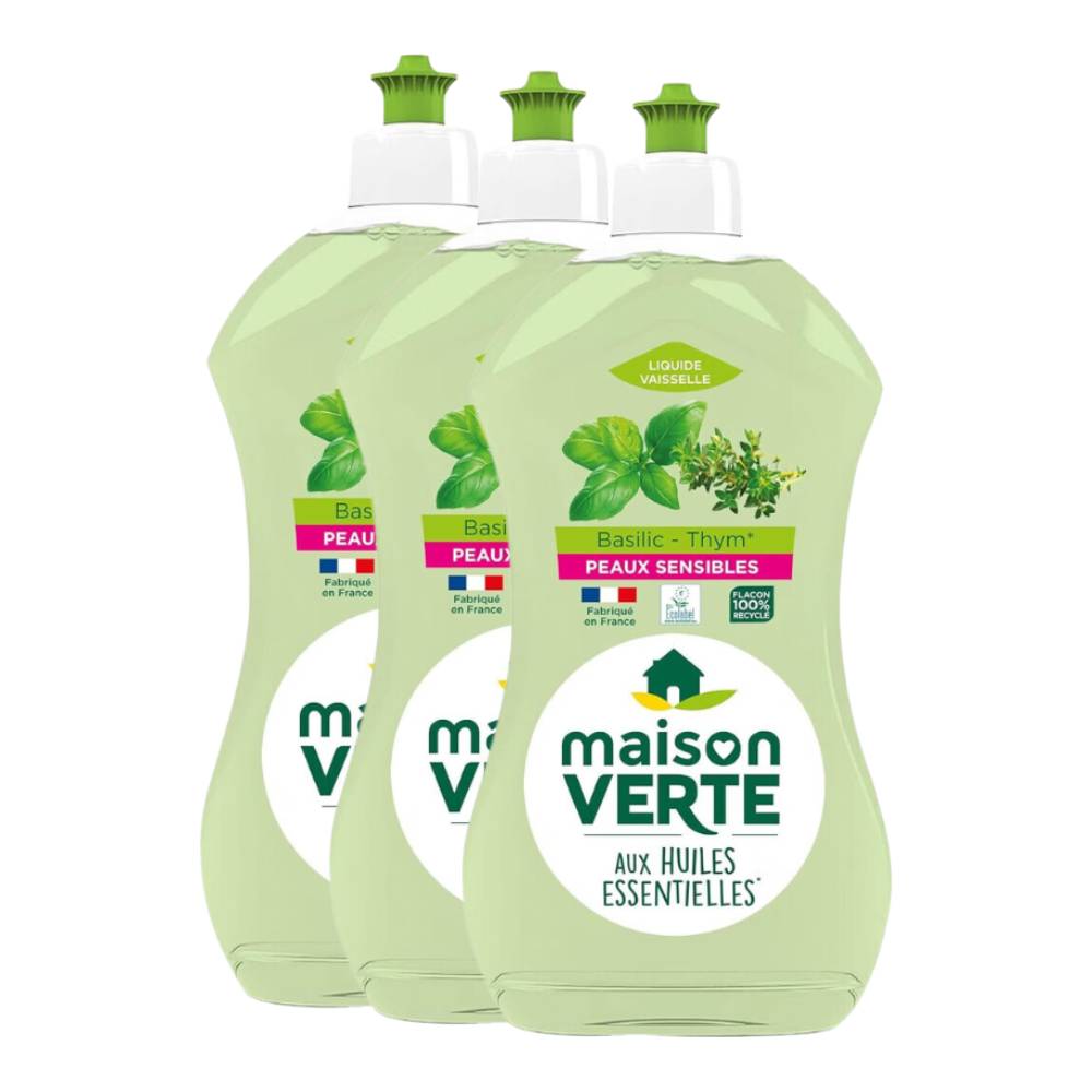 Maison Verte Liquide Vaisselle, Hypoallergénique, Thym & Basilic, 3 x 500 ml (= 1,5 L)