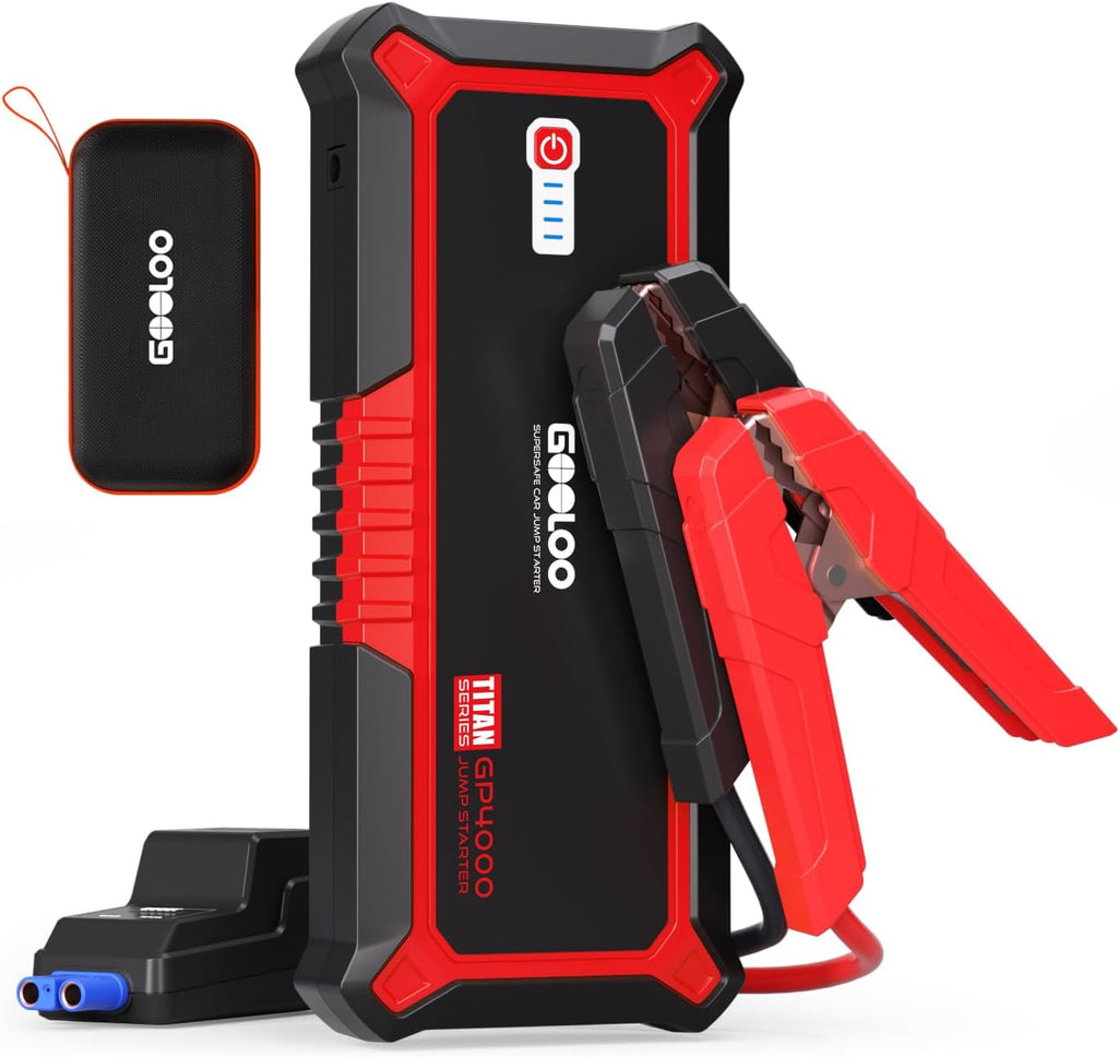 Démarreur de voiture GOOLOO GP4000 avec batterie externe, démarreur de secours de voiture 4000 A 12 V (tous les moteurs à essence et jusqu'à 10 L de diesel), démarreur de secours avec batterie externe extrêmement sûr avec LED, boosteur de batterie de