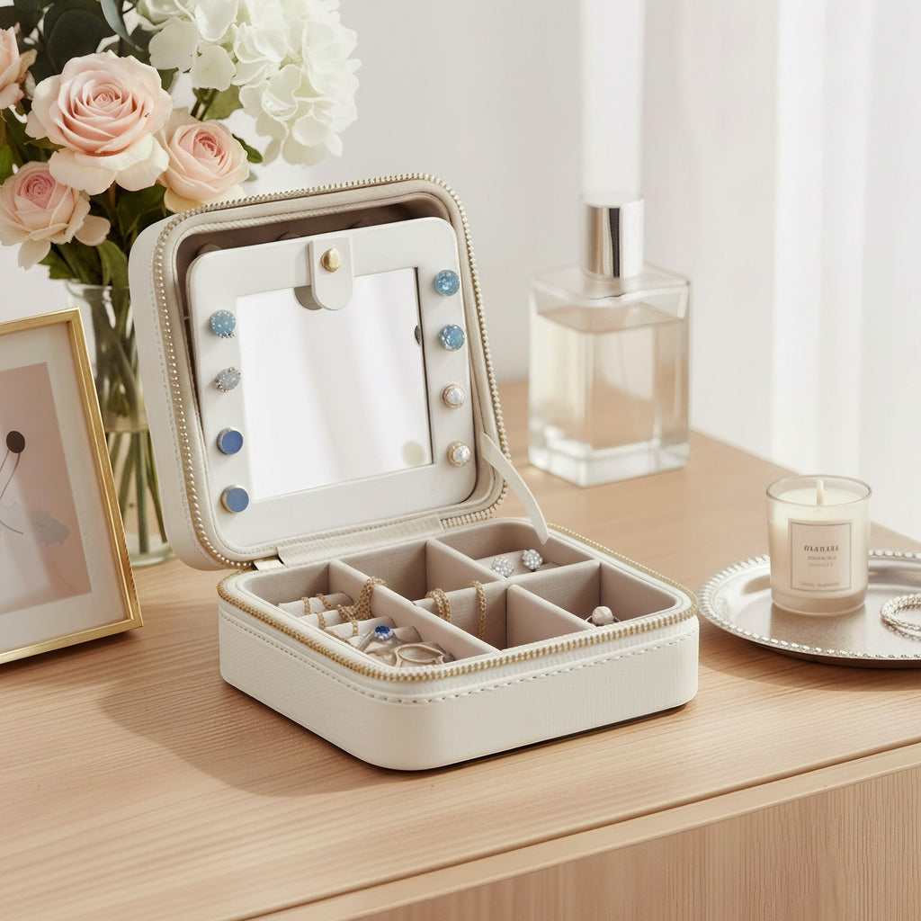 JOYFURNOS Coffret à Bijoux Compact, Rangement Portable avec Miroir, Fermeture Éclair, PU, Blanc