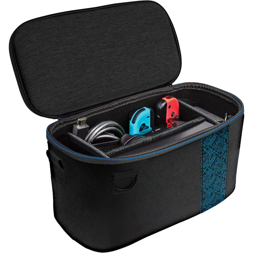 PDP Gaming Étui de transport 2-en-1 Pull-N-Go pour Nintendo Switch - Compartiments modulables - Bandoulière rembourrée - Licence officielle - Motif luminescent Sheikah Shoot Overnight - Noir et bleu