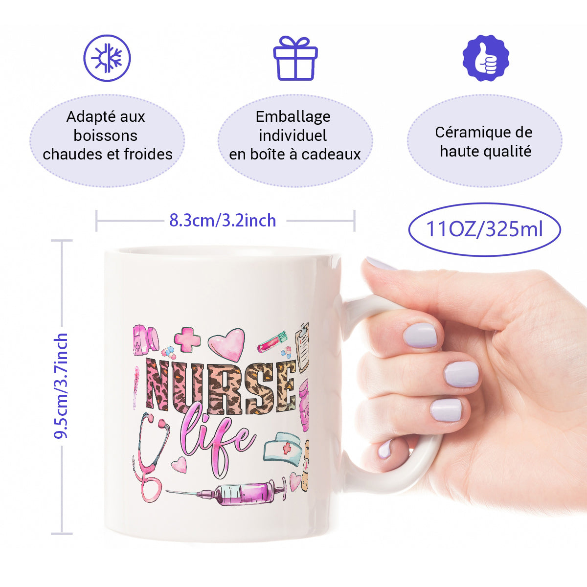 Alphynix Mug en céramique avec citation « Nurse Life », motif léopard et médical - 33 cl