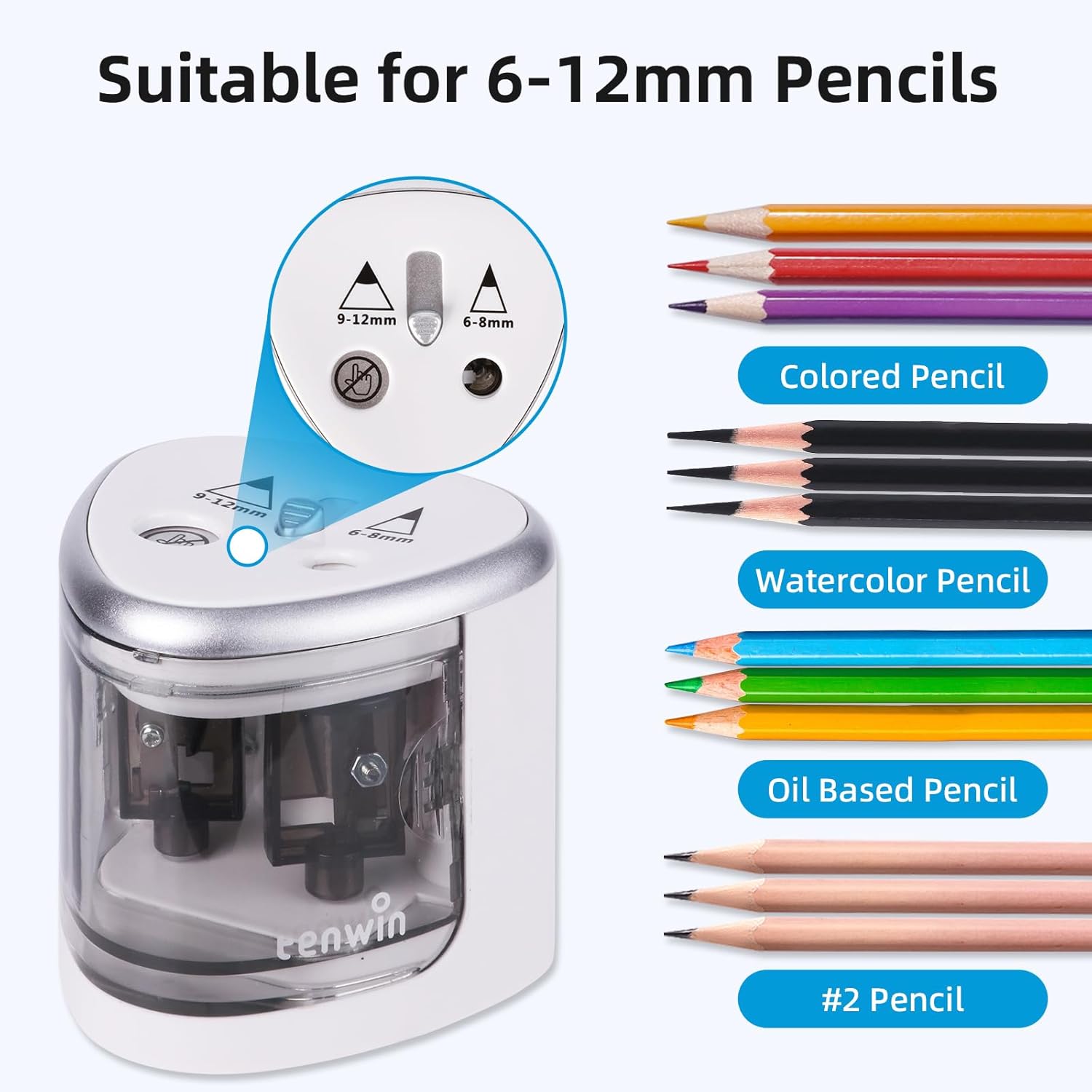 tenwin Taille-crayon électrique à double trou à piles pour crayons n° 2 et crayons de couleur 6 à 12 mm, lame durable pour taille rapide, adapté école/salle de classe/bureau/maison