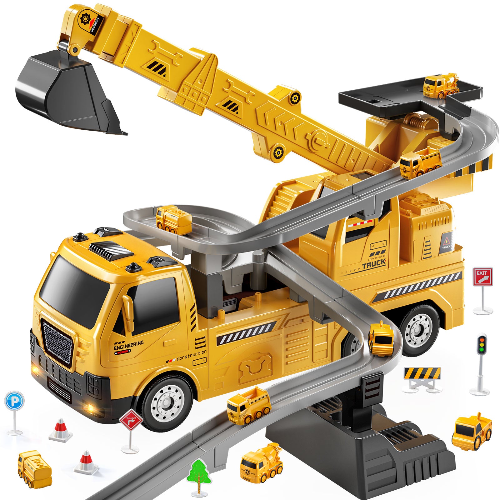 Jouets de camion de construction, camion grue 8 mini voitures de génie en alliage, jouet de pelleteuse pliable avec tapis de jeu et panneaux de signalisation, cadeau de véhicule éducatif