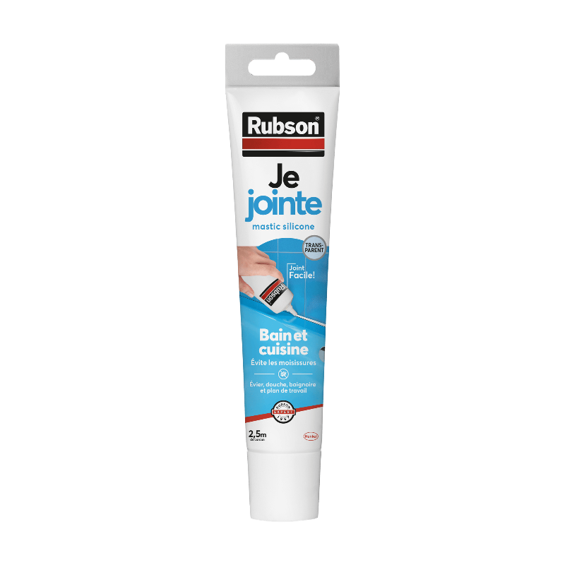 Henkel Rubson Je Jointe Mastic Transparent (tube de 50 ml), mastic étanche anti-moisissure en tube prêt à l'emploi, mastic silicone durable pour joints sanitaires spécial Bain & Cuisine