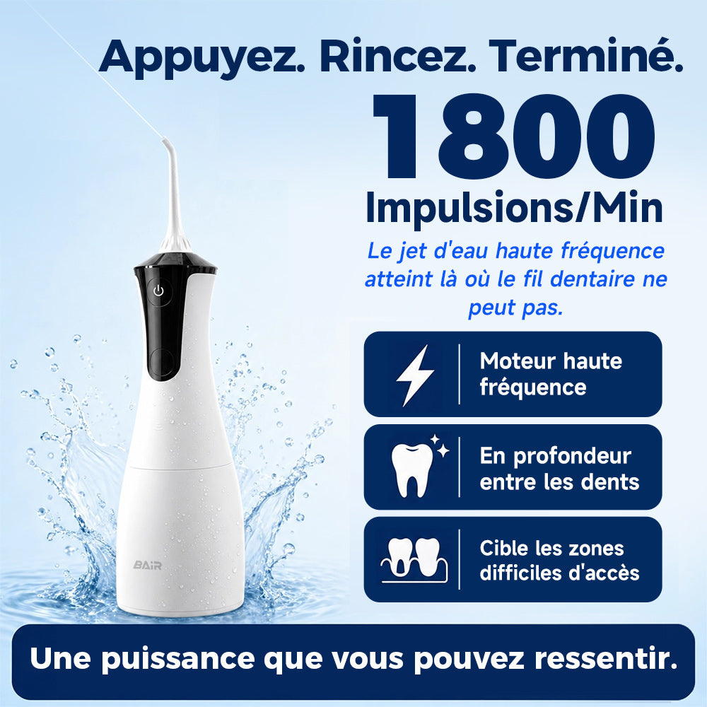 BAIR CARE Hydropulseur dentaire portable M4, Mode pulvérisation pressurisée, Autonomie 30 jours, Rechargeable USB, 4 modes de nettoyage, Étanche IPX7