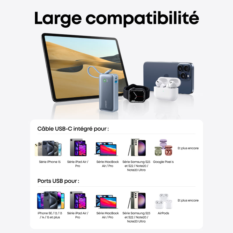 Anker Nano Batterie externe 10 000 mAh avec câble USB-C intégré, Puissance maximale PD 30 W, 1 port USB-C et 1 port USB-A, Compatible iPhone 16 Pro Max/15/14/13/12, MacBook, Galaxy, iPad, AirPods