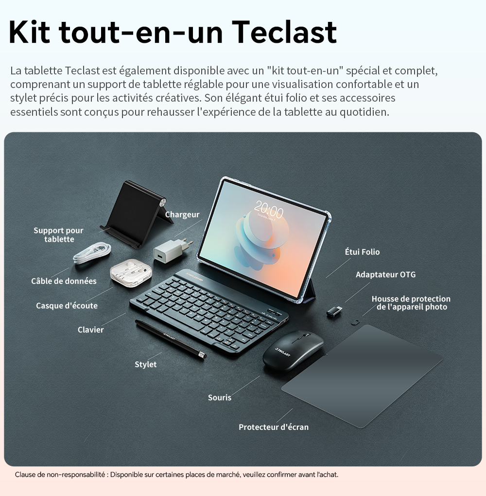 TECLAST P33 Tablette Android 15 Écran IPS 10,1 pouces RAM 9 Go Stockage 64 Go Ensemble 11 pièces Étui de protection et clavier