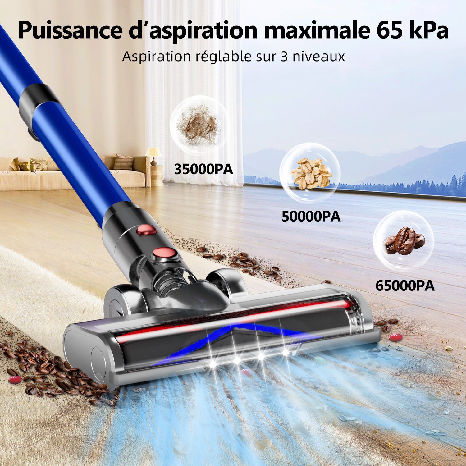 Daynee Aspirateur sans fil, 65 kPa / 70 min d'autonomie, Écran, Brosse anti-emmêlement, Aromathérapie, Filtration HEPA*4, Pour poils d'animaux, Tapis et sols durs