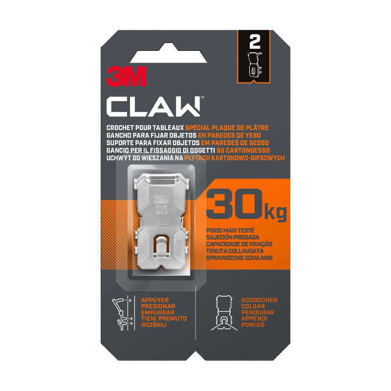 3M™Crochet pour tableaux spécial plaque de plâtre 3M™ CLAW 30 kg, 2 crochets Métal