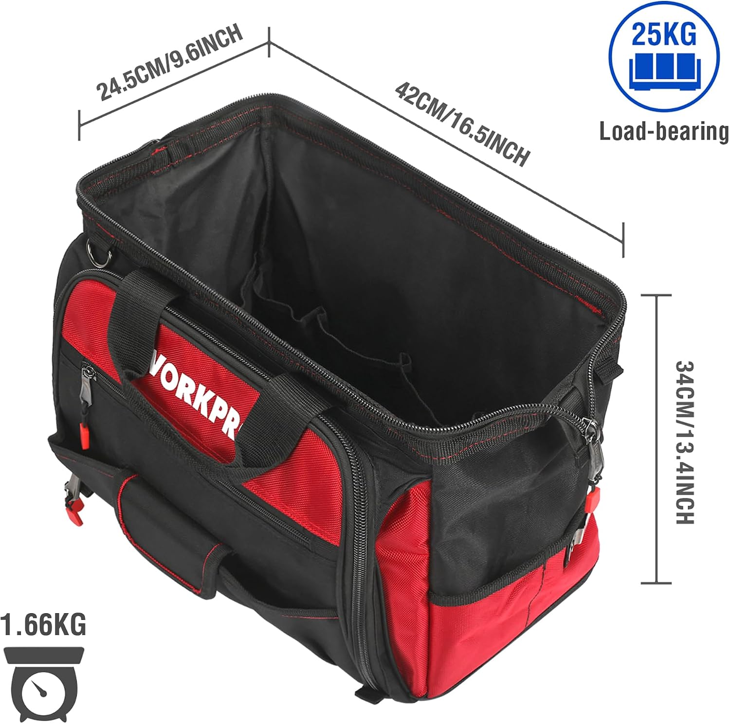 WORKPRO Sac à Outils Robuste 16 Pouces 42 x 24,5 x 34 cm | Tissu Polyester 1680D, Base Rigide Imperméable, Ouverture Large, 39 Poches avec Élastique et Crochet, Bandoulière