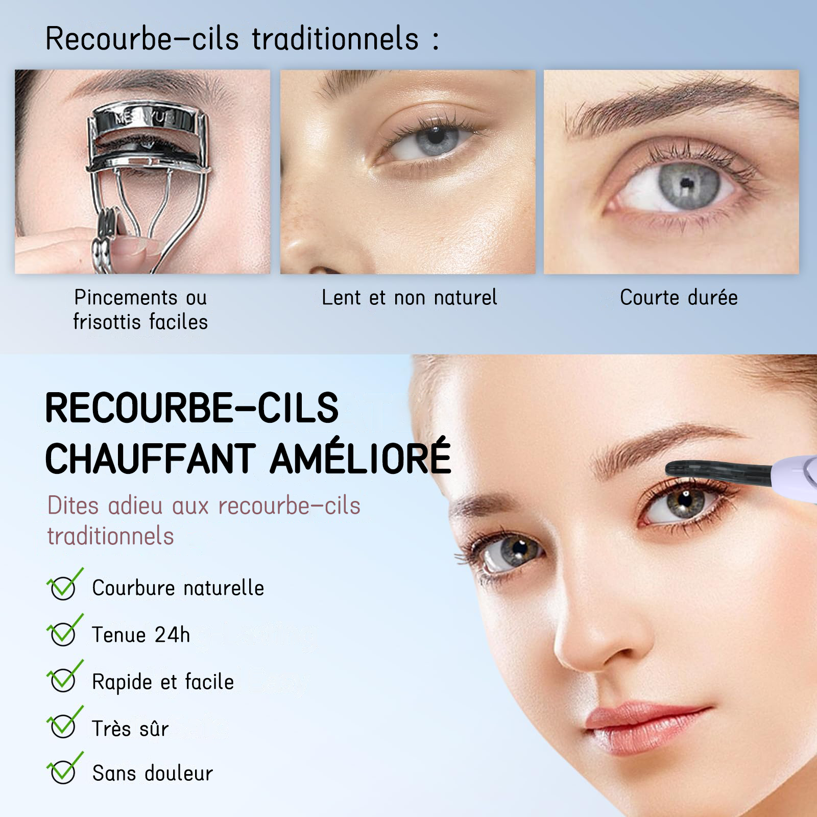 SUNLUXY S600 Recourbe-cils électrique pour courbure naturelle longue tenue, avec affichage LED de la température et de la batterie, arrêt automatique de sécurité - Violet