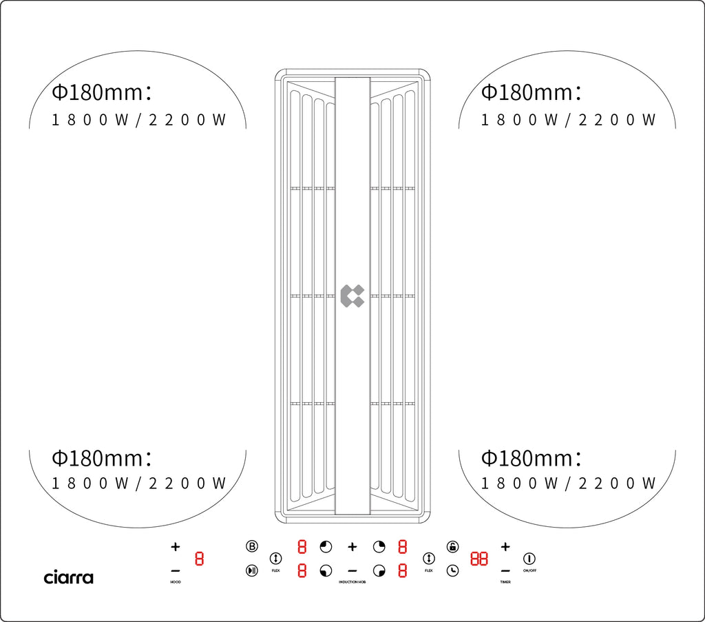 CIARRA ONE Plaque à induction 59 cm avec hotte aspirante intégrée et purification de l'air Plasma⁺, 4 zones de cuisson Boost Flex