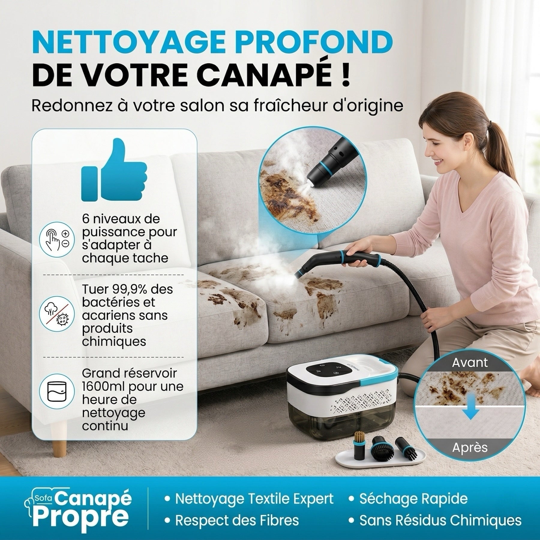 monsga Nettoyeur vapeur 1500 W à chauffe rapide, Prêt en 15 s & Pression de 3,5 bar, Grand réservoir de 1,6 L pour nettoyage de 120 m², Nettoyeur vapeur polyvalent robuste avec kit d’accessoires, Blanc