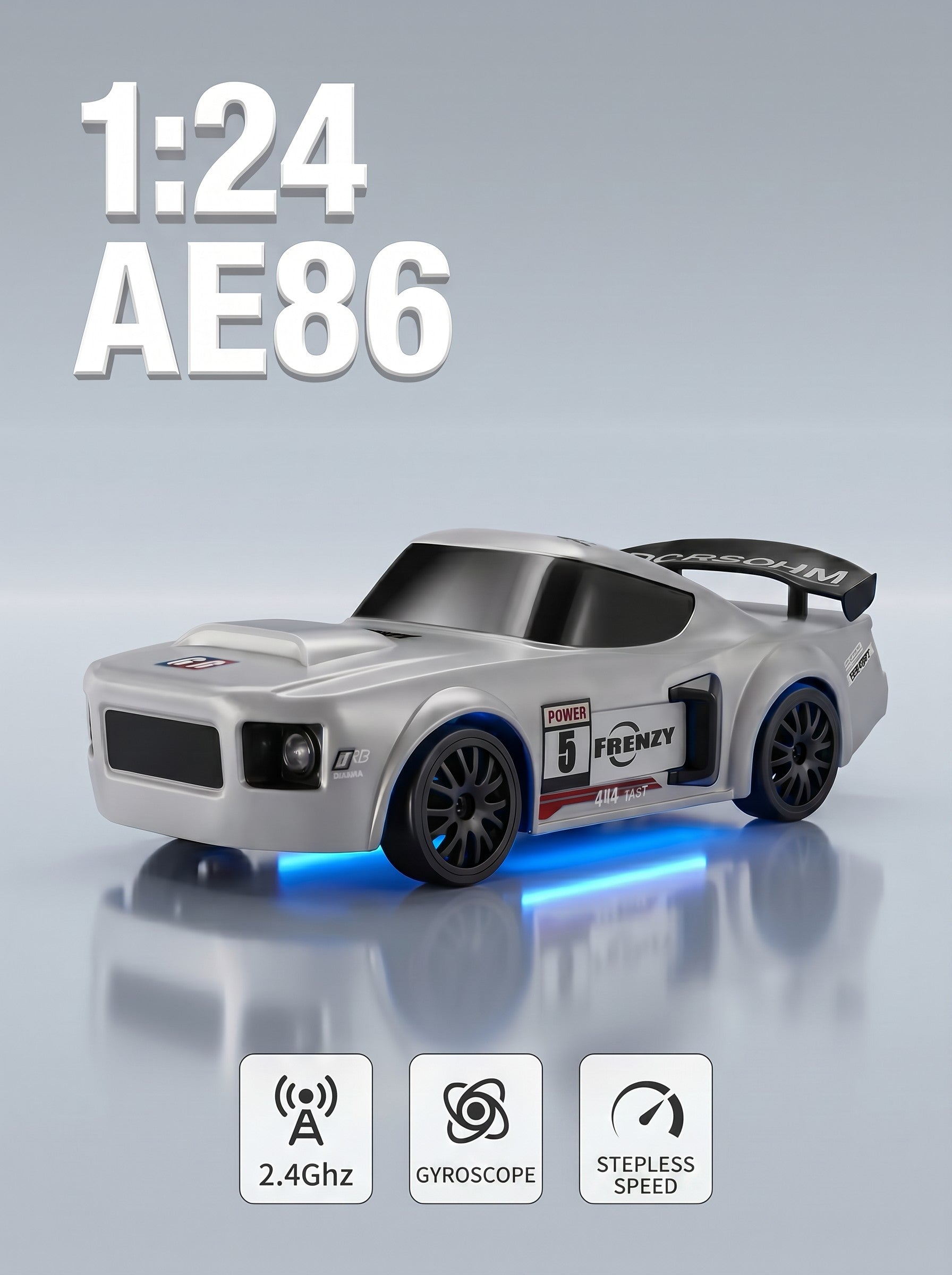Voiture de Drift RC 4WD 1:24, Gyroscopique Réglable, 2,4 g, Lumières LED, Pneus Doubles, Batterie LiPo et Suspension, Carrosserie Large Rétro Argent pour Amateurs de RC, Lot de 1 Gris