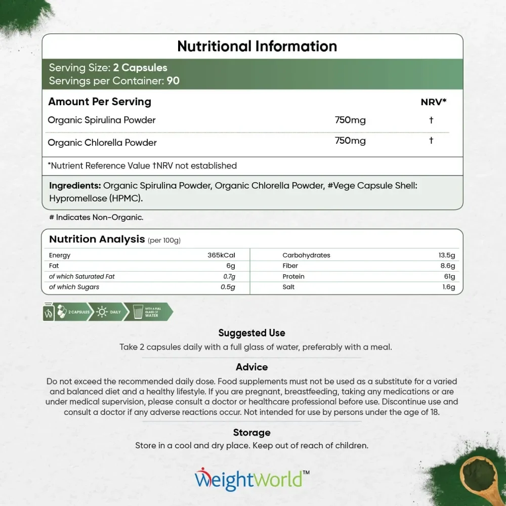 WeightWorld Spiruline et chlorella biologiques 1740 mg - 240 gélules