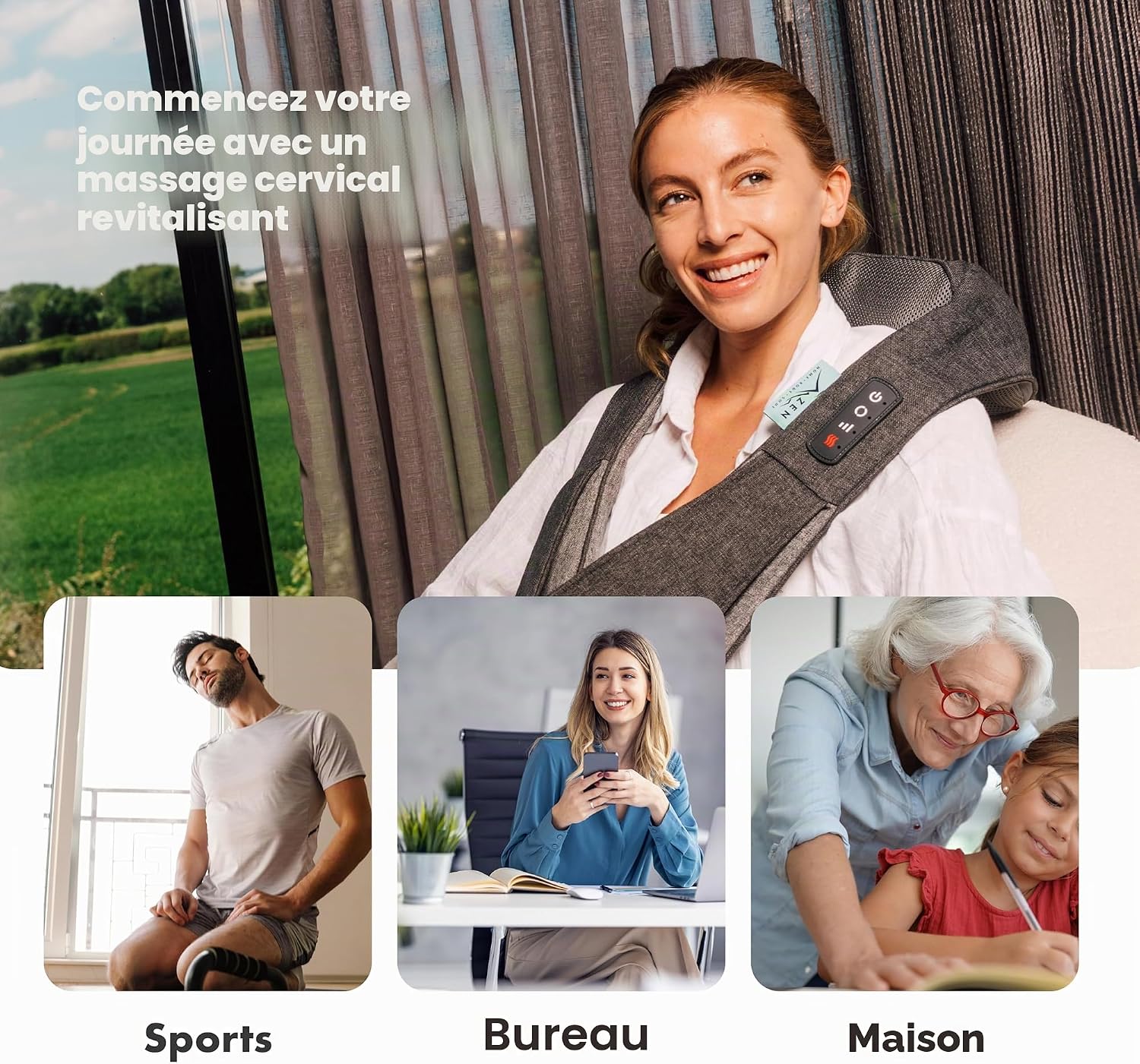 ZEN Matterhorn - Appareil de massage cou et épaules - Deux sens de massage - Trois vitesses - Chaleur apaisante - Pastille d’aromathérapie - Batterie rechargeable USB-C