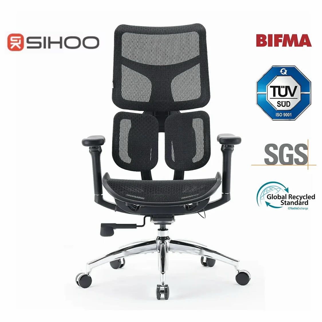 SIHOO Doro S100 Chaise de bureau ergonomique avec support lombaire dynamique double, dossier réglable 5 niveaux, accoudoirs 4D et inclinaison max. 135°, Noir