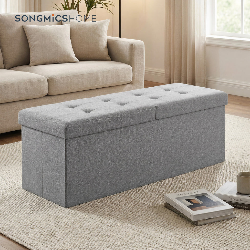JOYFURNOS Banc de Rangement Pliable, 38 x 110 x 38 cm, Couvercle Rabattable, Capacité de 300 kg, pour Entrée, Salon, Chambre, Gris Foncé
