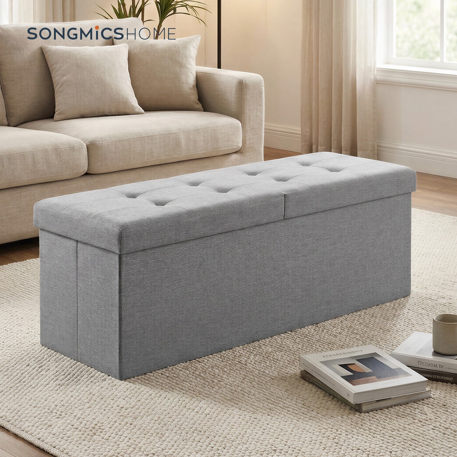 JOYFURNOS Banc de Rangement Pliable, 38 x 110 x 38 cm, Couvercle Rabattable, Capacité de 300 kg, pour Entrée, Salon, Chambre, Gris Foncé