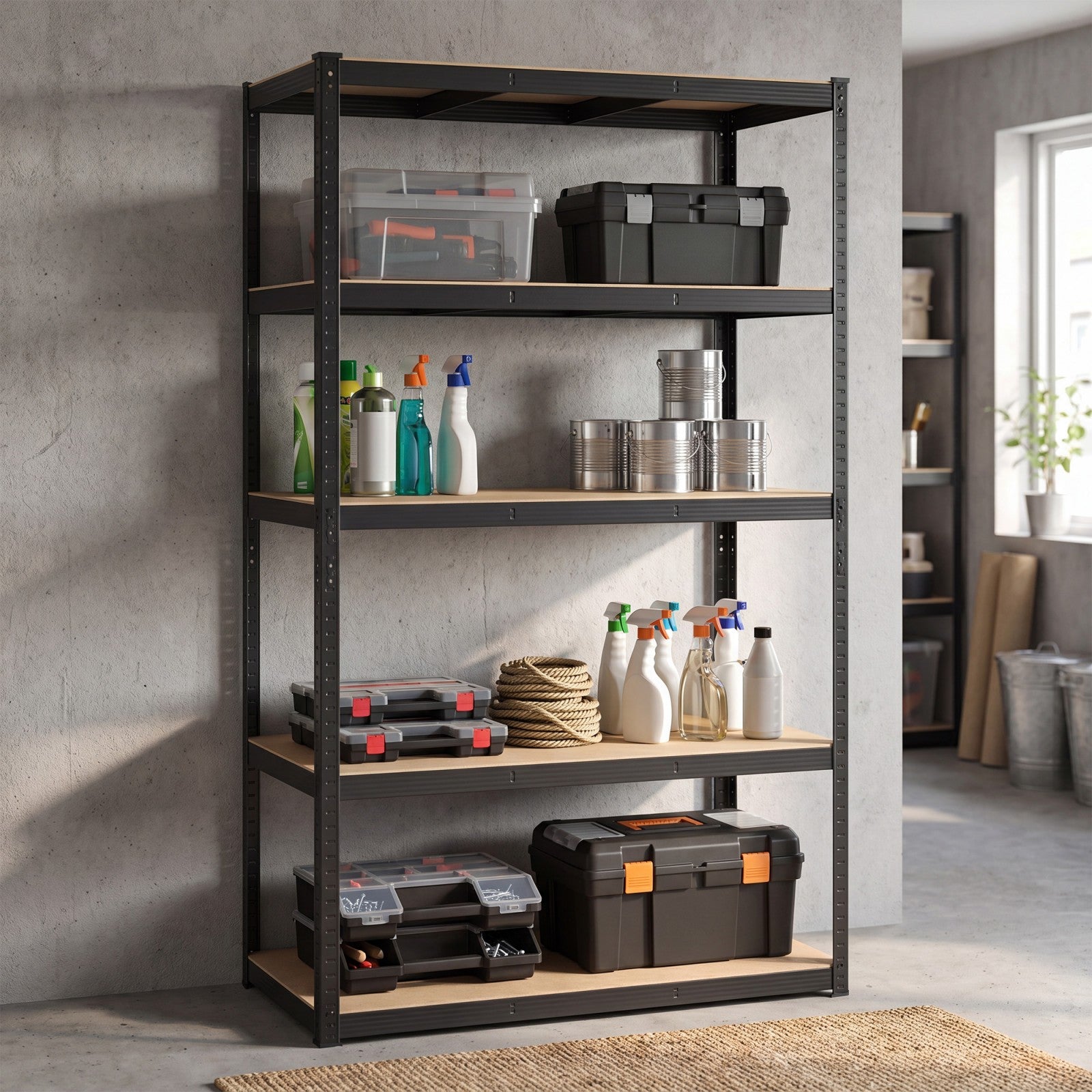 JOYFURNOS Étagère de rangement à 5 niveaux, Étagère en acier robuste avec traverses renforcées et niveaux de hauteur réglables, Capacité de charge max. 750 kg, Grande surface de rangement 200 x 120 x 60 cm, Idéale pour garage, abri de jardin, entrepô