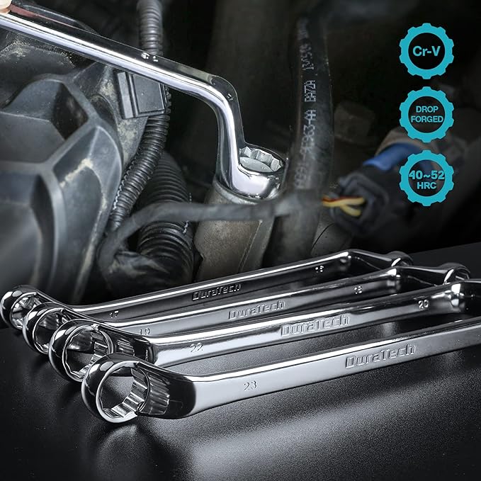 DURATECH Jeu de 9 clés polygonales doubles coudées 6-23 mm, Jeu de clés à œil métriques avec pochette enroulable, Déport 75 degrés, 12 pans, Acier chrome-vanadium