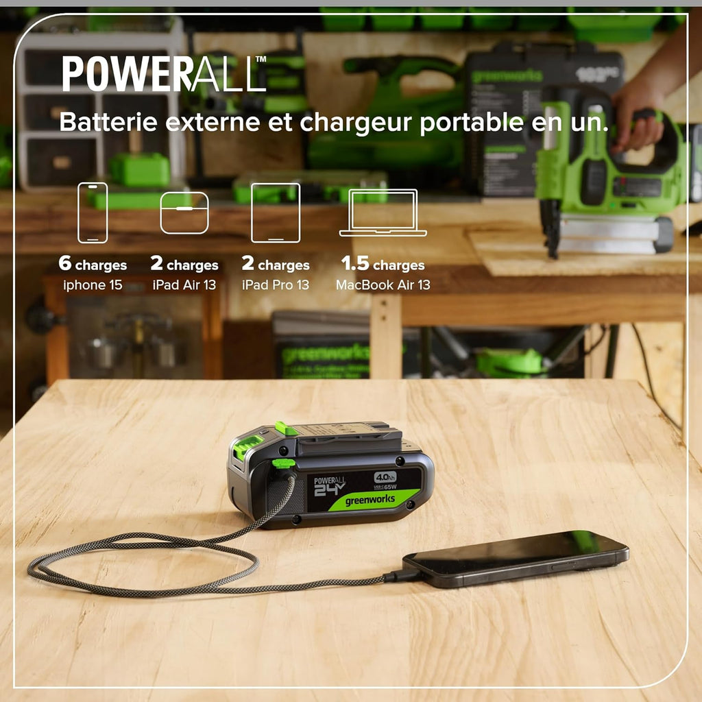 Greenworks Kit de Démarrage 24 V 1x Batterie USB HP 4 Ah + Chargeur 65 W + Câble 100 W 1 m