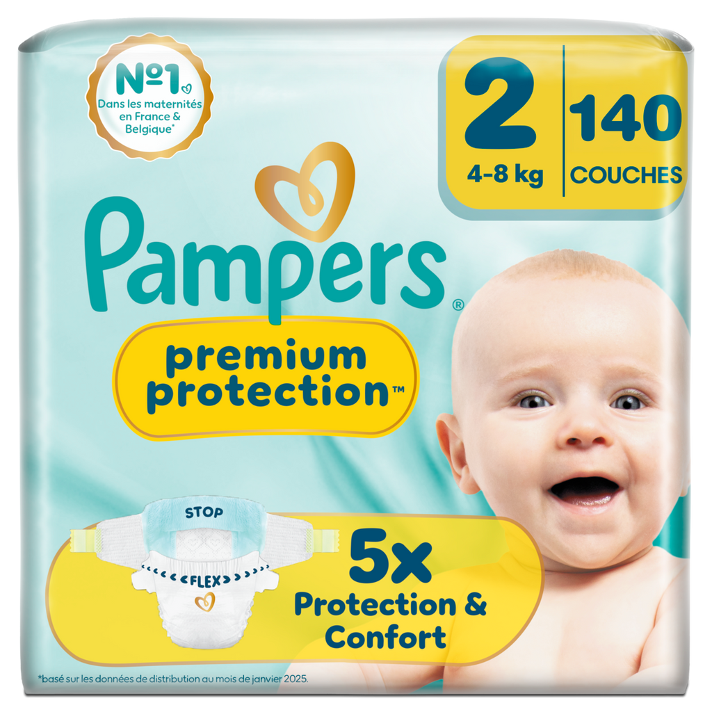 Pampers Premium Protection, Taille 2, 140 Couches, 4-8 kg, Notre #1 Pour La Protection De La Peau Et La Protection Contre Les Fuites